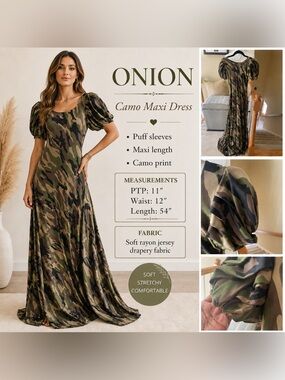 Onion Camouflage Puff-Sleeve Maxi Dress - Green Camo -EUC